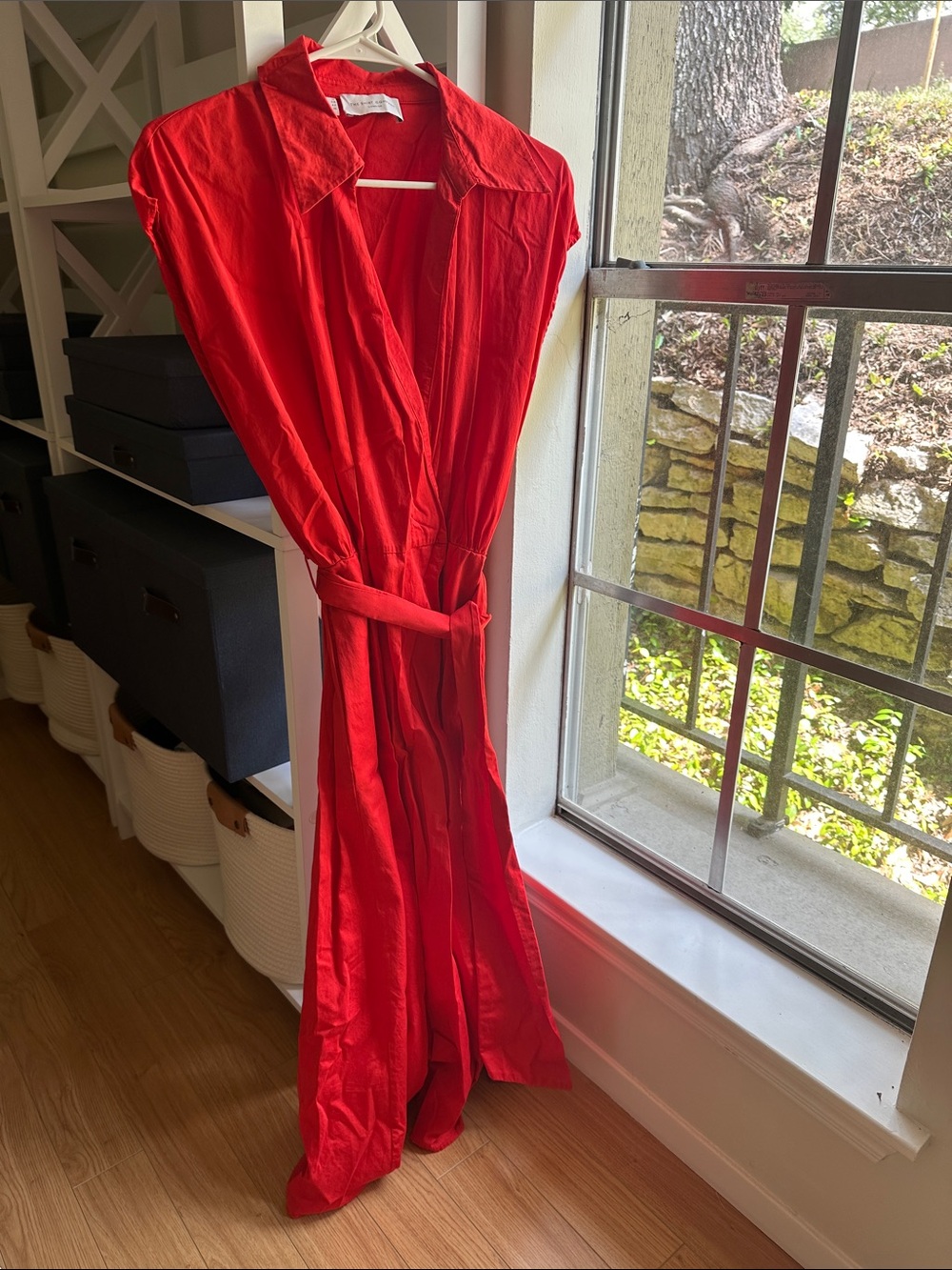Red Maxi Shirt Dress with Tie Waist